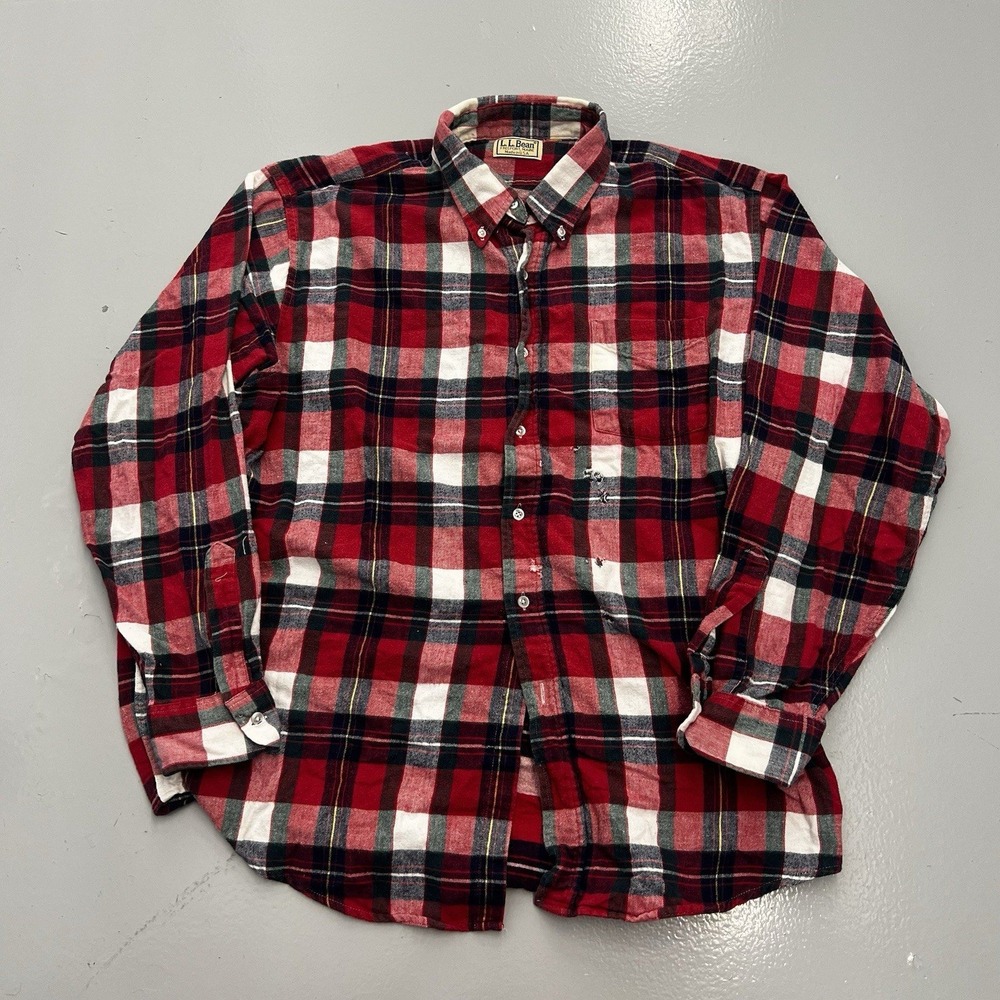 Vintage LL Bean Plaid Flannel Shirt Mens Red Thrashed Distressed Made in USA